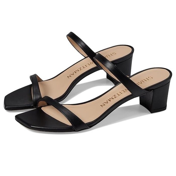 Stuart Weitzman Block Heel Sandal 7.5 Aleena Slide Two Strap Leather Chic Black - Picture 1 of 9